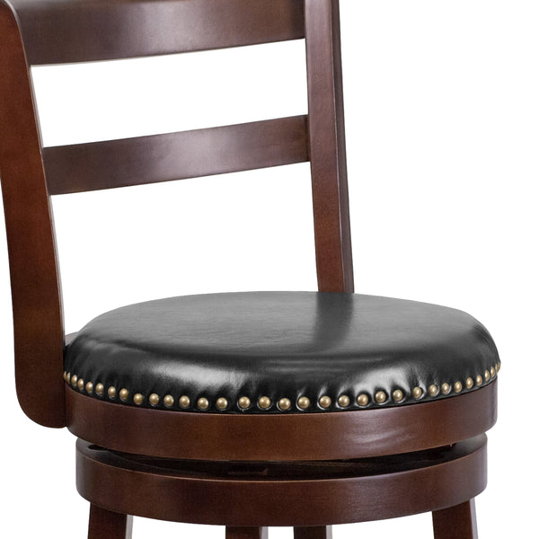 30inch High Cappuccino Wood Barstool w/Ladder Back & Black LeatherSoft Swivel Seat