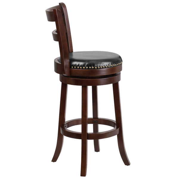 30inch High Cappuccino Wood Barstool w/Ladder Back & Black LeatherSoft Swivel Seat
