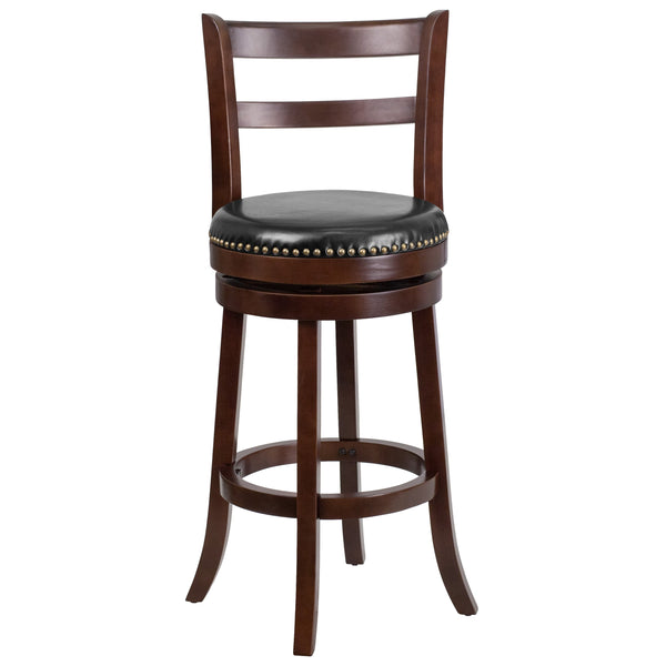 30inch High Cappuccino Wood Barstool w/Ladder Back & Black LeatherSoft Swivel Seat