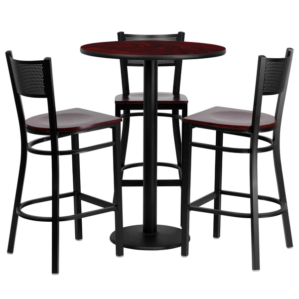 Mahogany Top/Mahogany Wood Seat |#| 30inch Round Mahogany Laminate Table Set w/3 Metal Barstools - Mahogany Wood Seat