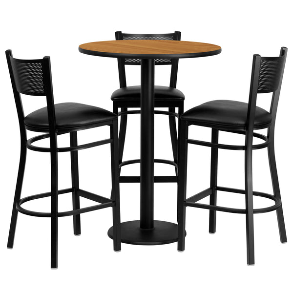 Natural Top/Black Vinyl Seat |#| 30inch Round Natural Laminate Table Set with 3 Metal Barstools - Black Vinyl Seat