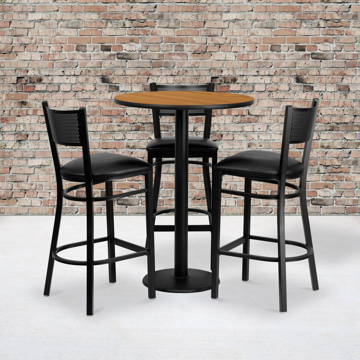 Natural Top/Black Vinyl Seat |#| 30inch Round Natural Laminate Table Set with 3 Metal Barstools - Black Vinyl Seat