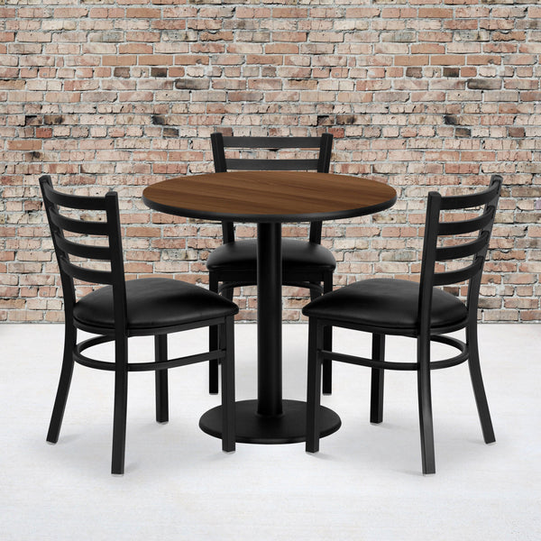 30inch Round Walnut Laminate Table Set with 3 Metal Chairs - Black Vinyl Seat
