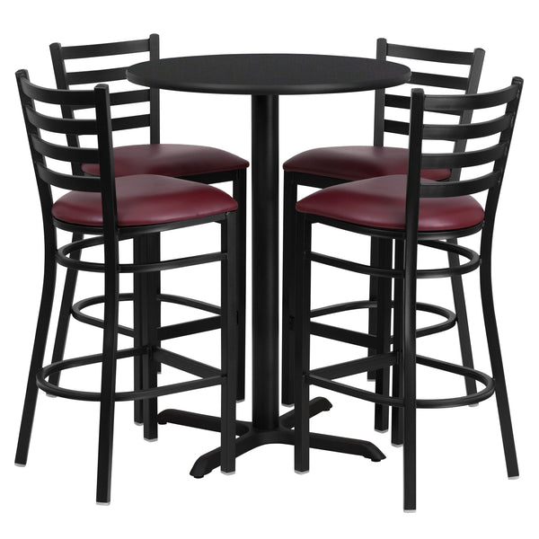 Black Top/Burgundy Vinyl Seat |#| 30inch Round Black Laminate Table with X-Base and 4 Ladder Back Metal Barstools