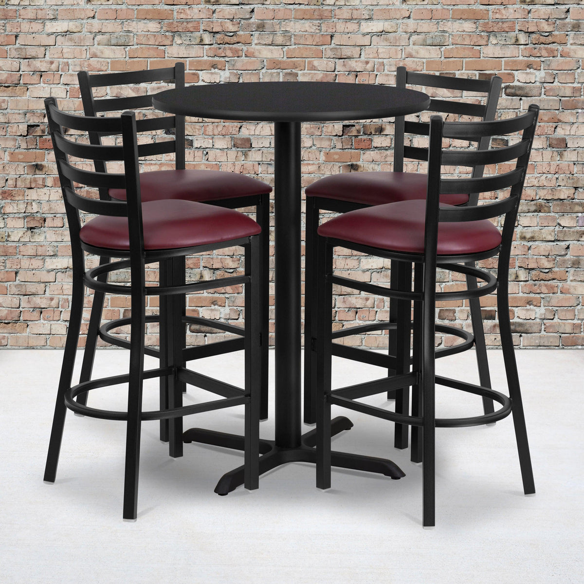 Black Top/Burgundy Vinyl Seat |#| 30inch Round Black Laminate Table with X-Base and 4 Ladder Back Metal Barstools