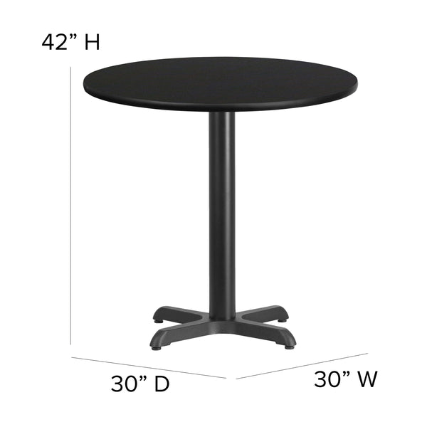 Black Top/Black Vinyl Seat |#| 30inch Round Black Laminate Table with X-Base and 4 Ladder Back Metal Barstools