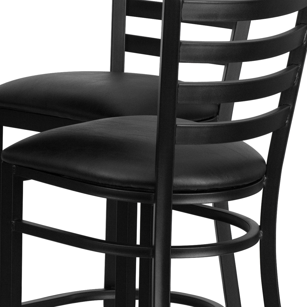 Black Top/Black Vinyl Seat |#| 30inch Round Black Laminate Table with X-Base and 4 Ladder Back Metal Barstools