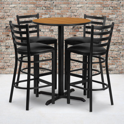 30'' Round Laminate Table Set with X-Base and 4 Ladder Back Metal Barstools