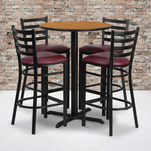 Natural Top/Burgundy Vinyl Seat |#| 30inch Round Natural Laminate Table with X-Base and 4 Ladder Back Metal Barstools