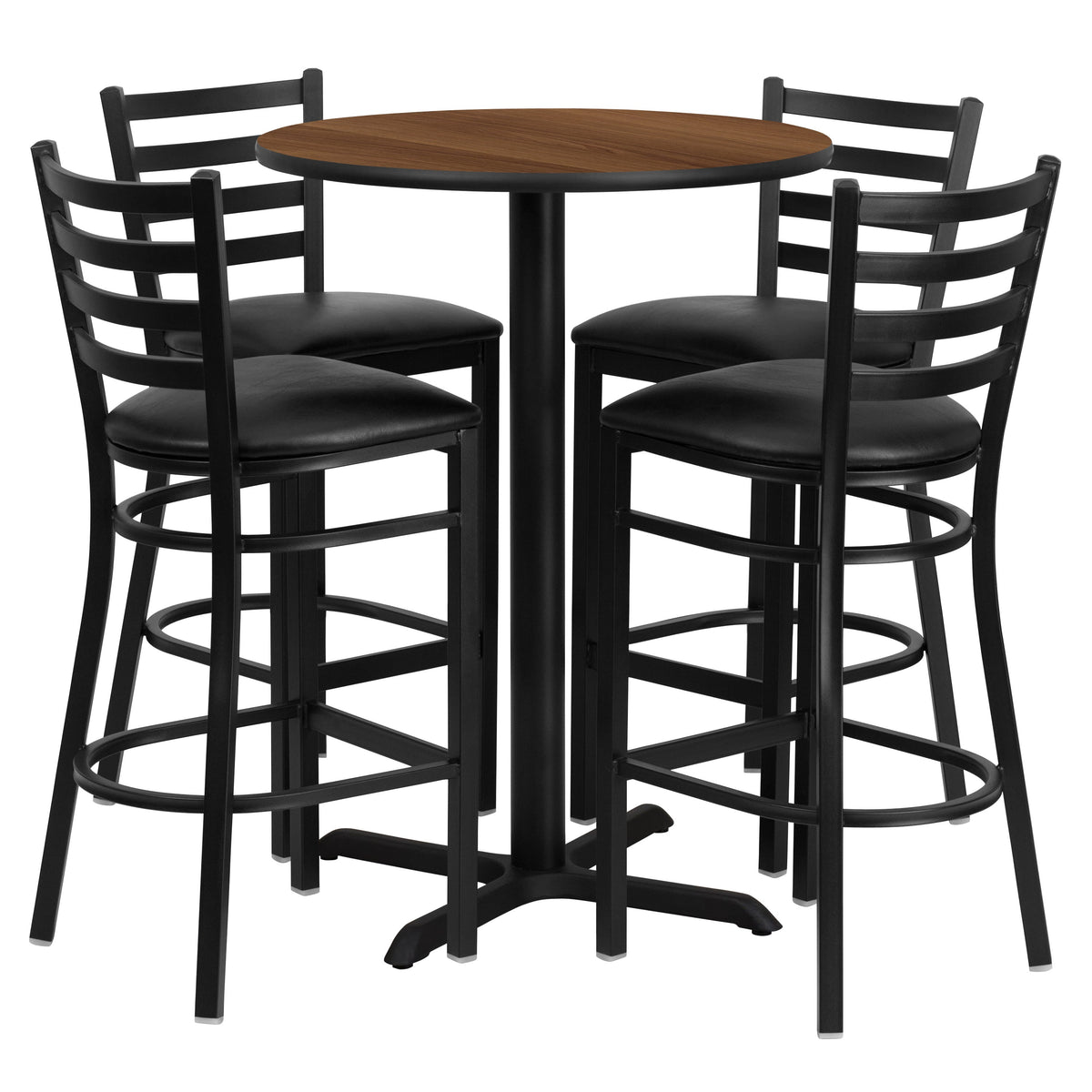 Walnut Top/Black Vinyl Seat |#| 30inch Round Walnut Laminate Table with X-Base and 4 Ladder Back Metal Barstools