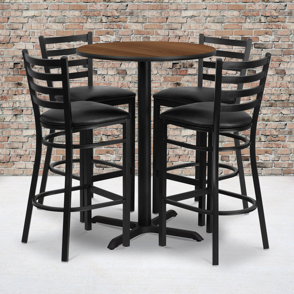 Walnut Top/Black Vinyl Seat |#| 30inch Round Walnut Laminate Table with X-Base and 4 Ladder Back Metal Barstools