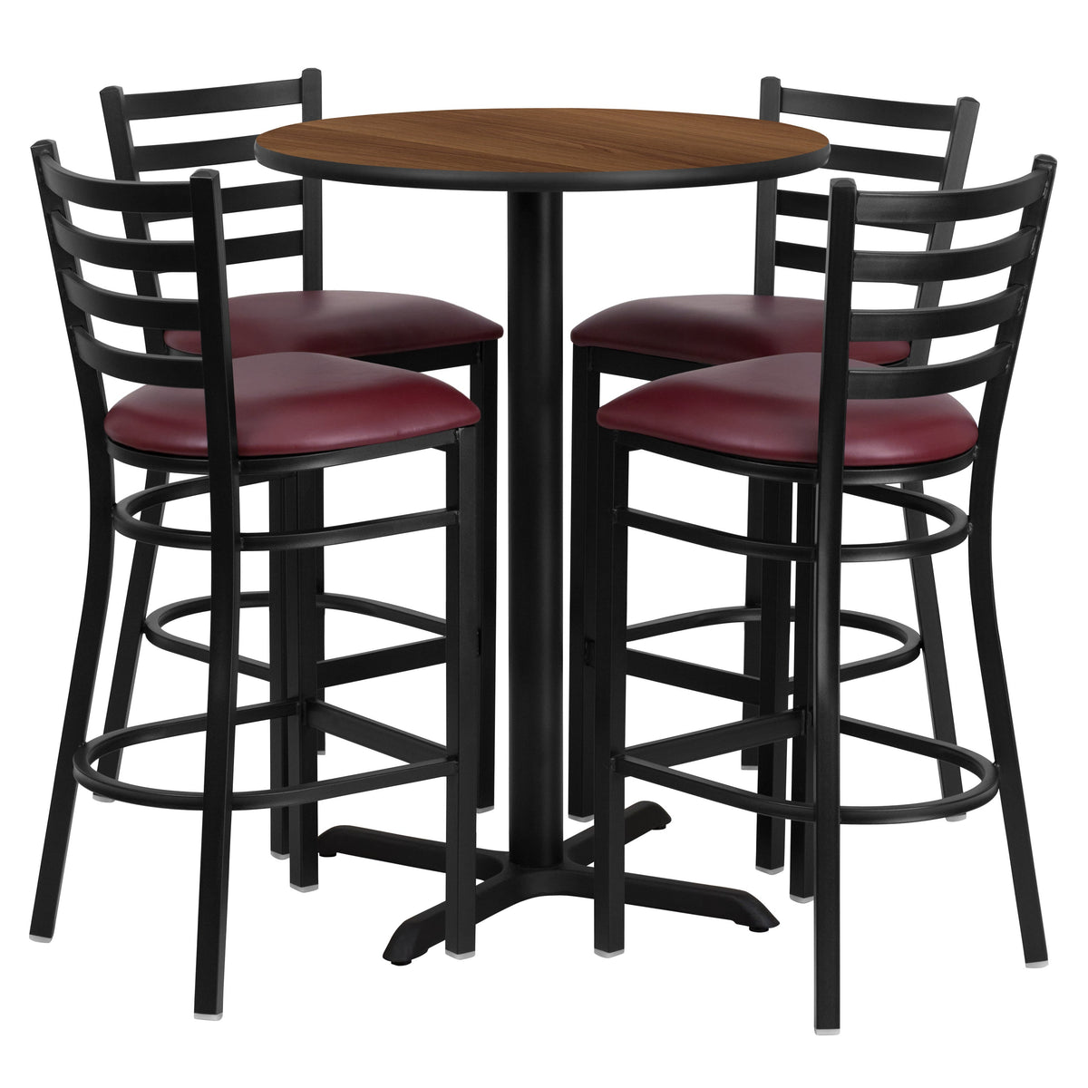 Walnut Top/Burgundy Vinyl Seat |#| 30inch Round Walnut Laminate Table with X-Base and 4 Ladder Back Metal Barstools