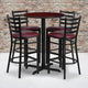 Mahogany Top/Burgundy Vinyl Seat |#| 30inch Round Mahogany Laminate Table with X-Base and 4 Ladder Back Metal Barstools