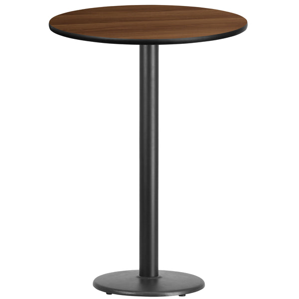Walnut |#| 30inch Round Walnut Laminate Table Top with 18inch Round Bar Height Table Base