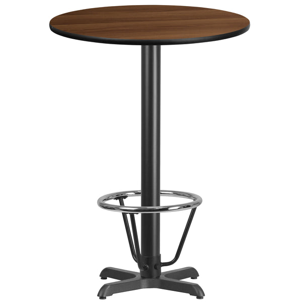 Walnut |#| 30inch Round Walnut Laminate Table Top & 22inchx 22inch Bar Height Base with Foot Ring