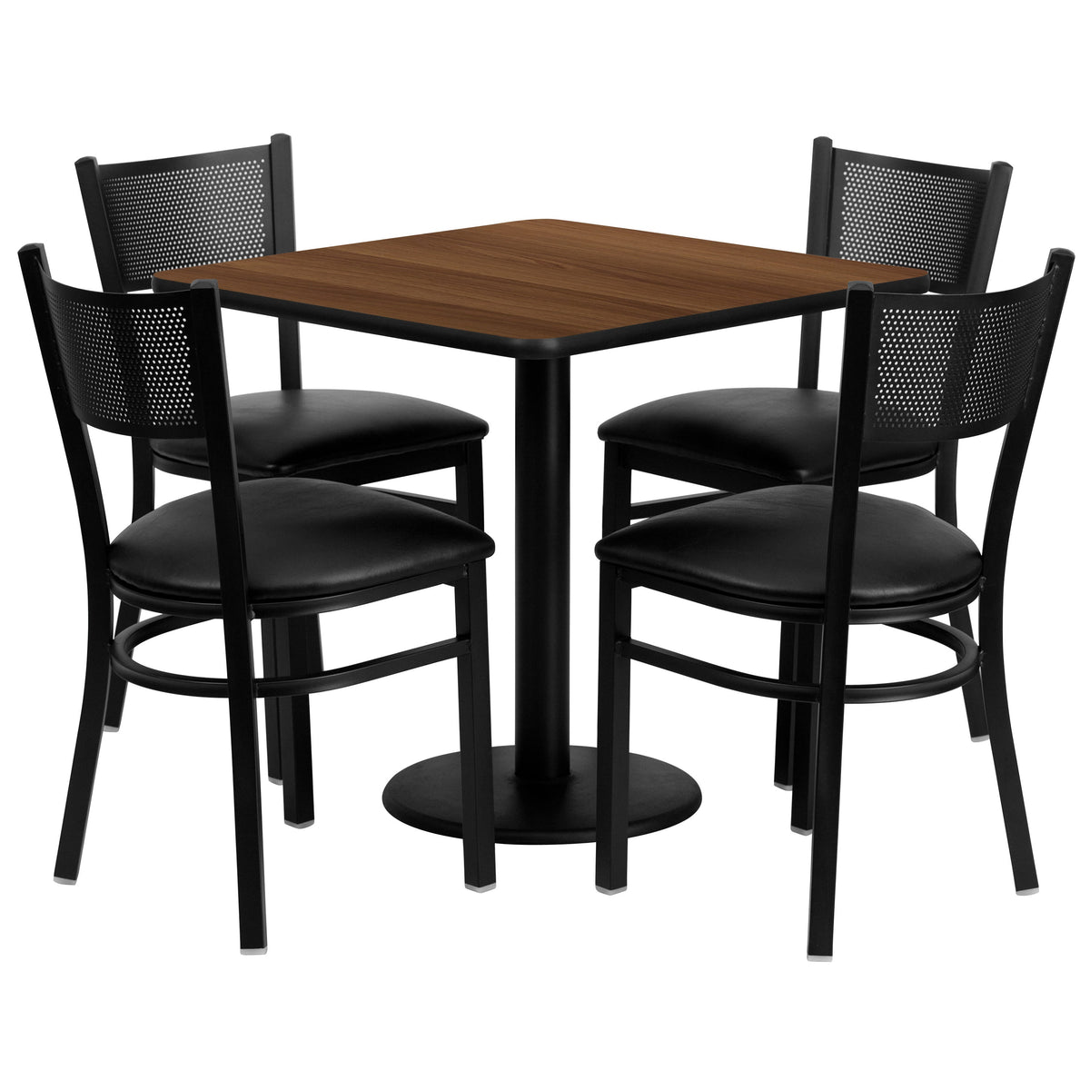 30inch Square Walnut Laminate Table Set with 4 Metal Chairs - Black Vinyl Seat