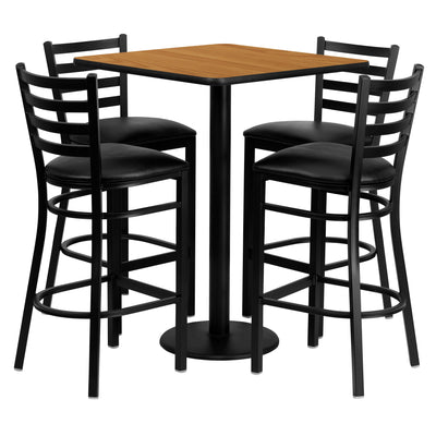 30'' Square Laminate Table Set with 4 Ladder Back Metal Barstools