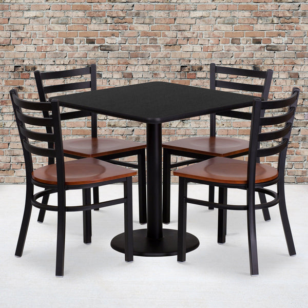 30inch Square Black Laminate Table Set with 4 Metal Chairs - Cherry Wood Seat