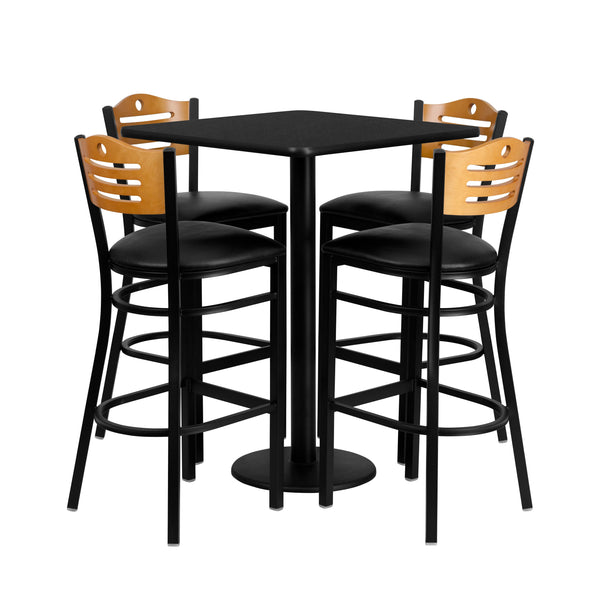 30inch Square Black Laminate Table Set with 4 Metal Barstools - Black Vinyl Seat