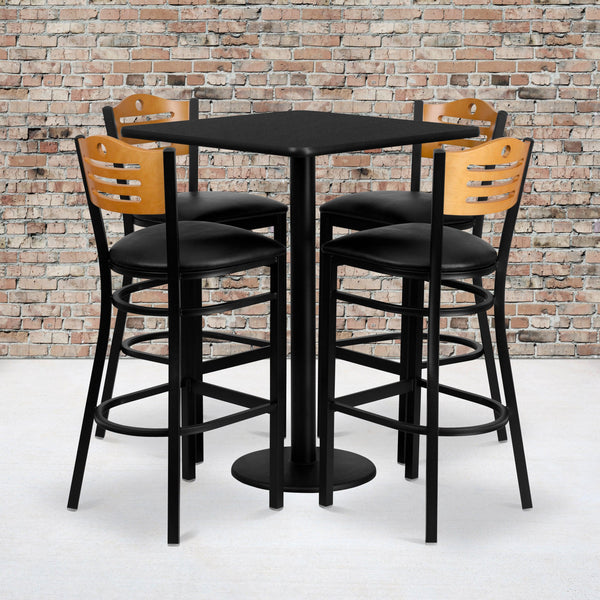 30inch Square Black Laminate Table Set with 4 Metal Barstools - Black Vinyl Seat