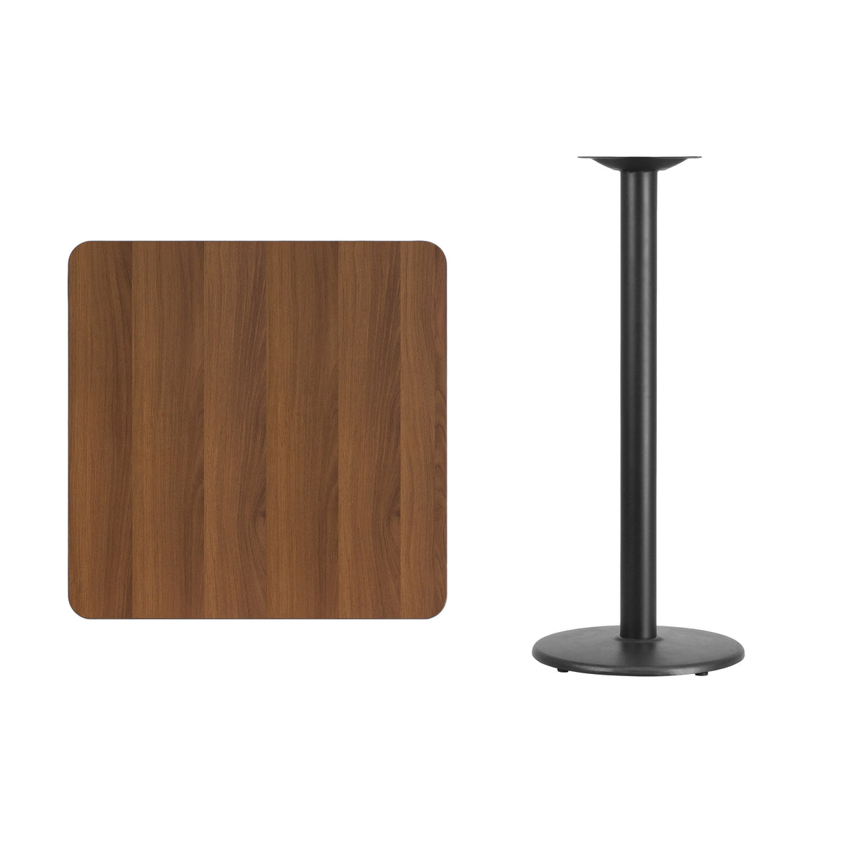 Walnut |#| 30inch Square Walnut Laminate Table Top with 18inch Round Bar Height Table Base