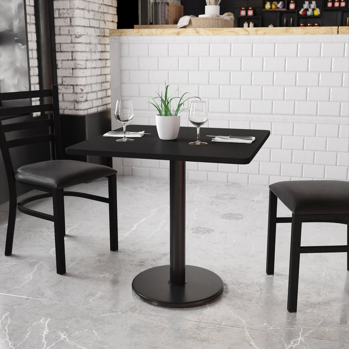 Black |#| 30inch Square Black Laminate Table Top with 18inch Round Table Height Base