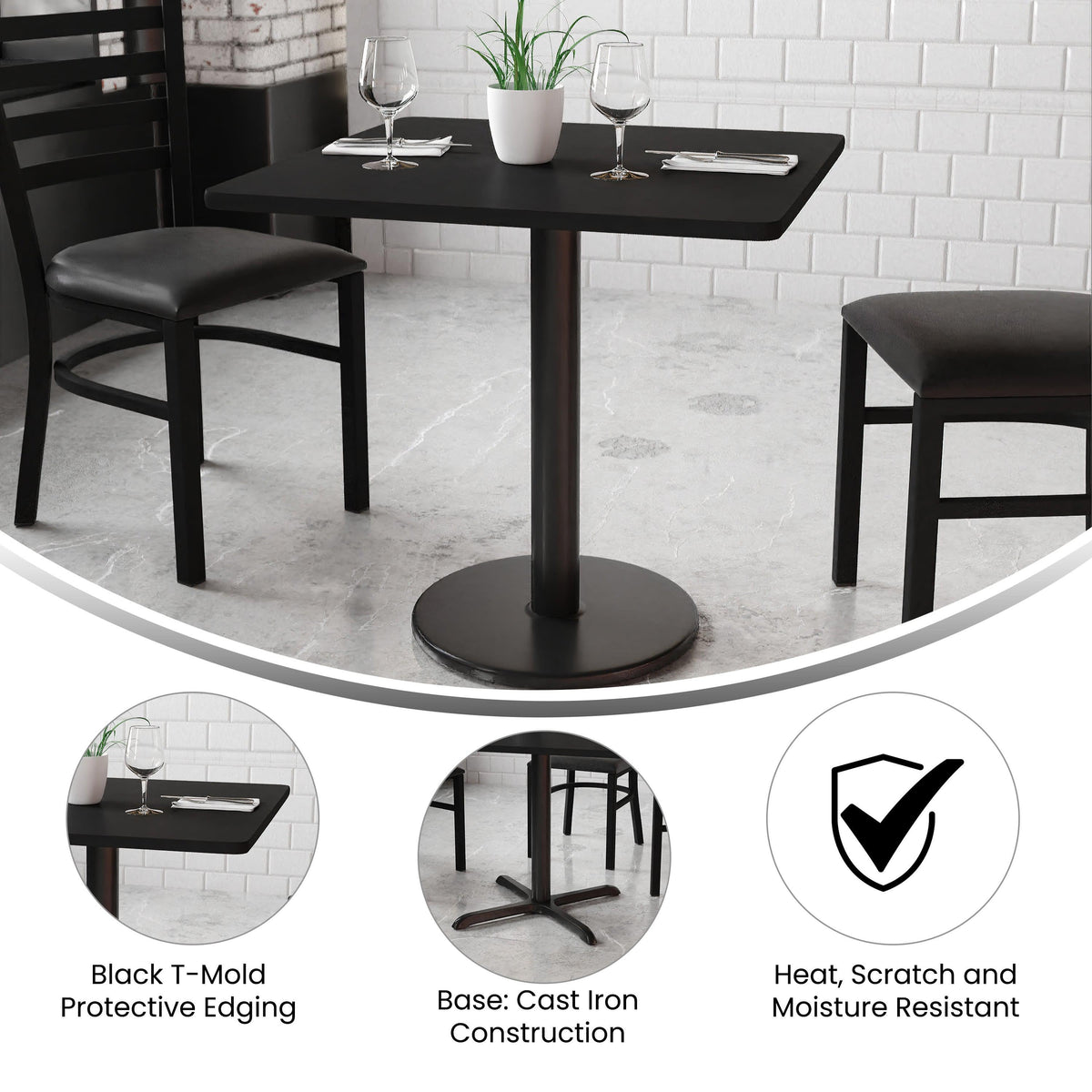 Black |#| 30inch Square Black Laminate Table Top with 18inch Round Table Height Base