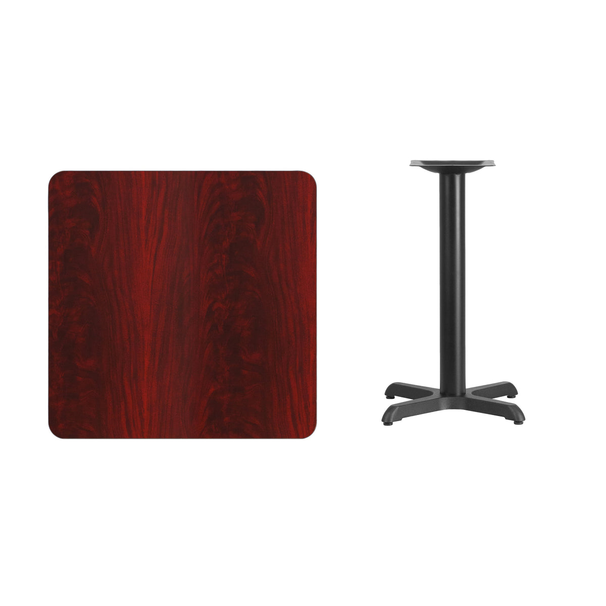 Mahogany |#| 30inch Square Mahogany Laminate Table Top with 22inch x 22inch Table Height Base