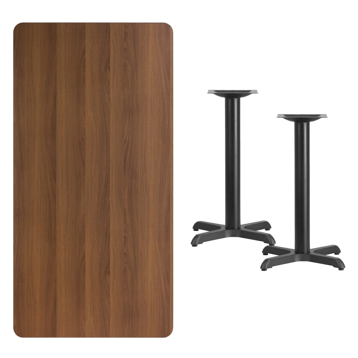 Walnut |#| 30inch x 60inch Rectangular Walnut Laminate Table Top & 22inch x 22inch Table Height Bases