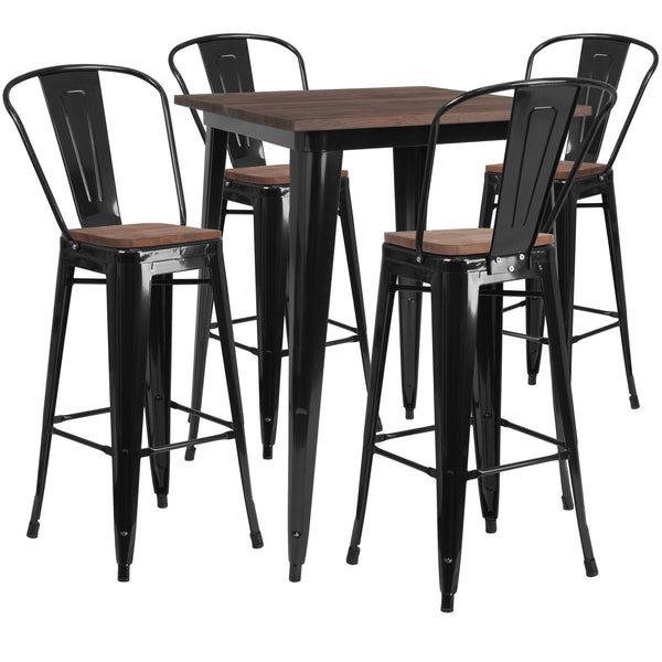 Black |#| 31.5inch Square Black Metal Bar Table Set with Wood Top and 4 Stools