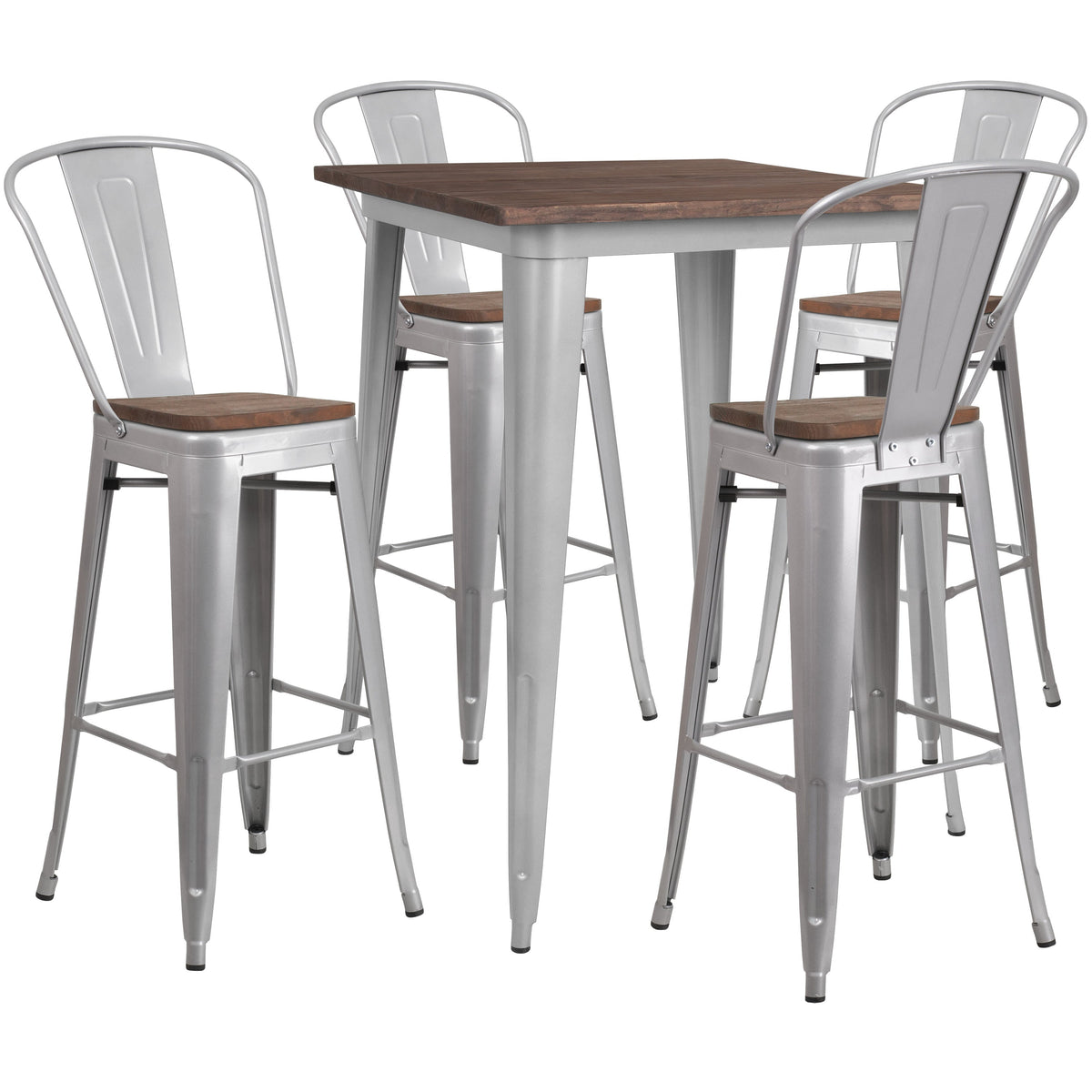 Silver |#| 31.5inch Square Silver Metal Bar Table Set with Wood Top and 4 Stools