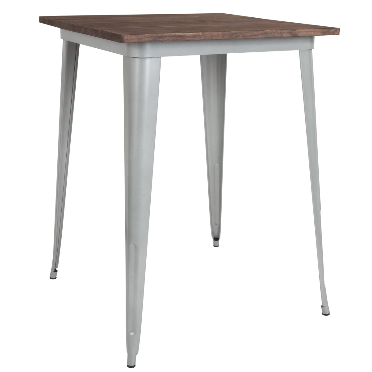 Silver |#| 31.5inch Square Silver Metal Indoor Bar Height Table with Walnut Rustic Wood Top
