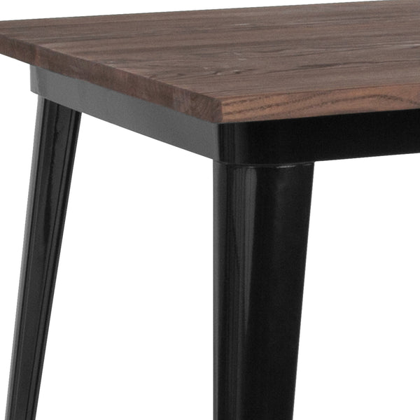 Black |#| 31.5inch Square Black Metal Indoor Bar Height Table with Walnut Rustic Wood Top