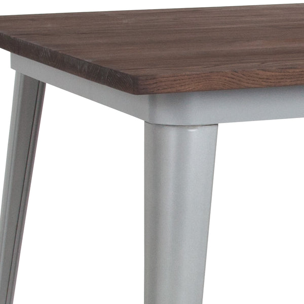 Silver |#| 31.5inch Square Silver Metal Indoor Bar Height Table with Walnut Rustic Wood Top