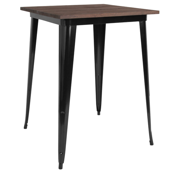 Black |#| 31.5inch Square Black Metal Indoor Bar Height Table with Walnut Rustic Wood Top