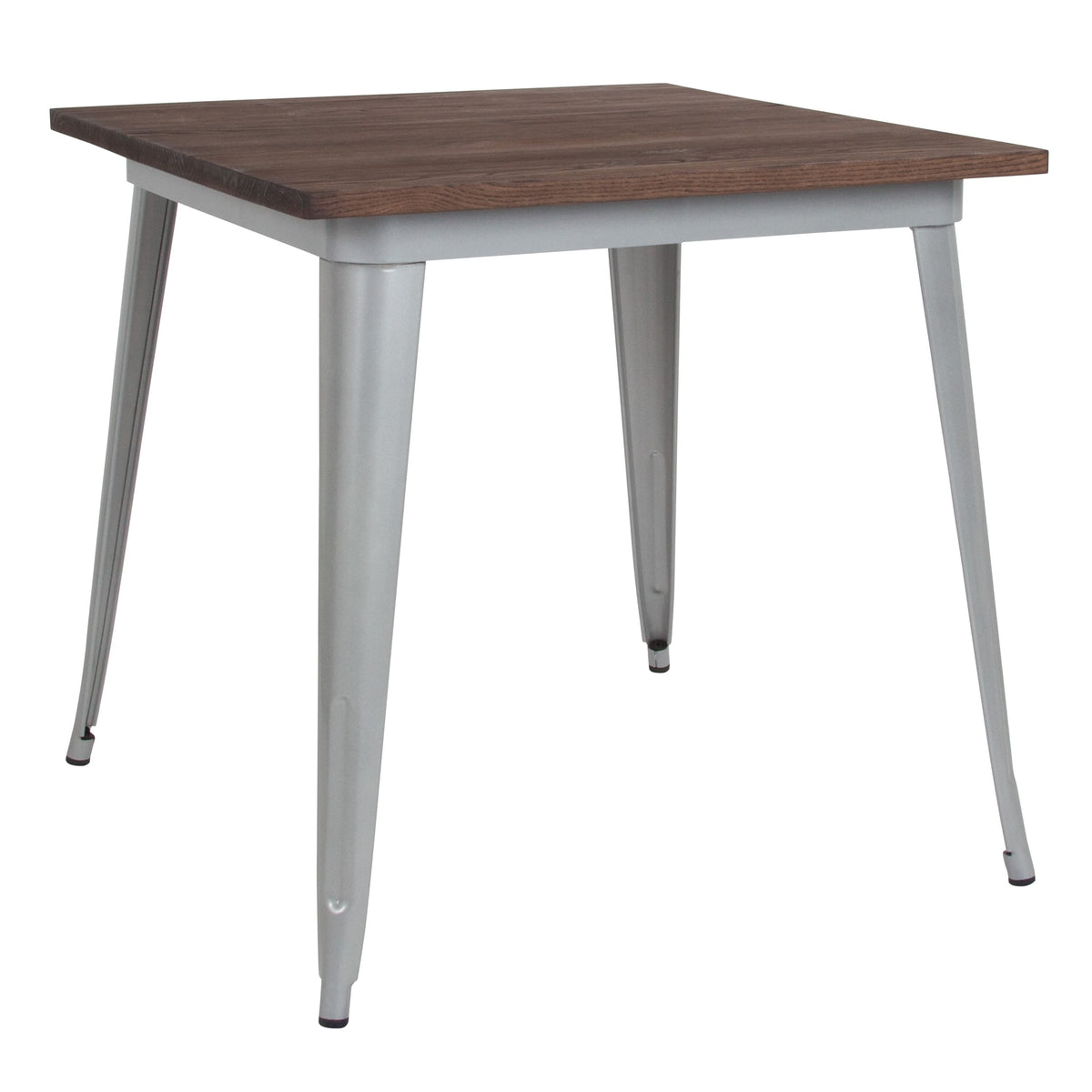 Silver |#| 31.5inch Square Silver Metal Indoor Table with Walnut Rustic Wood Top - Café Table