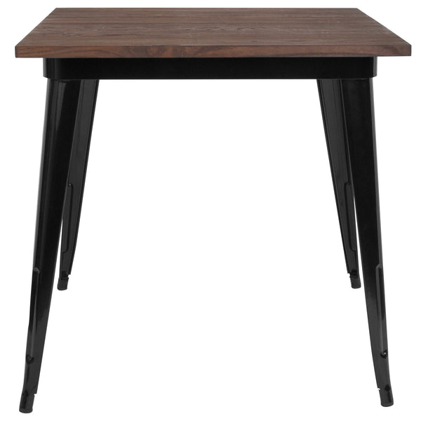 Black |#| 31.5inch Square Black Metal Indoor Table with Walnut Rustic Wood Top - Café Table