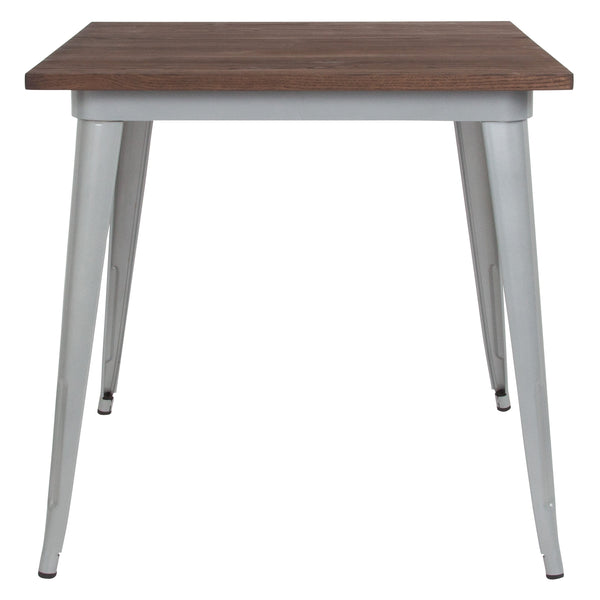 Silver |#| 31.5inch Square Silver Metal Indoor Table with Walnut Rustic Wood Top - Café Table