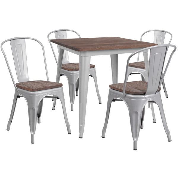 Silver |#| 31.5inch Square Silver Metal Table Set with Wood Top and 4 Stack Chairs