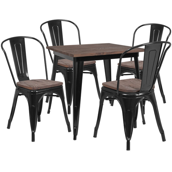 Black |#| 31.5inch Square Black Metal Table Set with Wood Top and 4 Stack Chairs