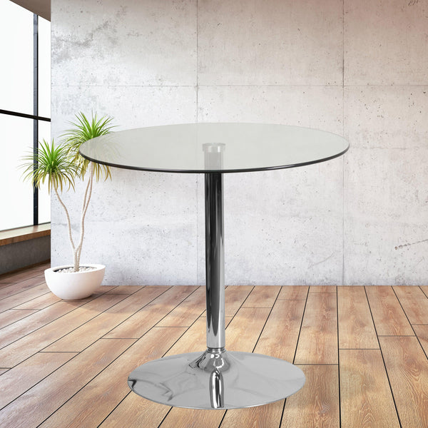 31.5inch Round Glass Table with 29inchH Chrome Base - Pedestal Table - Event Table