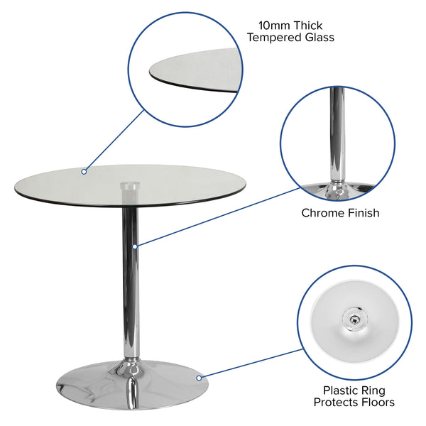 31.5inch Round Glass Table with 29inchH Chrome Base - Pedestal Table - Event Table