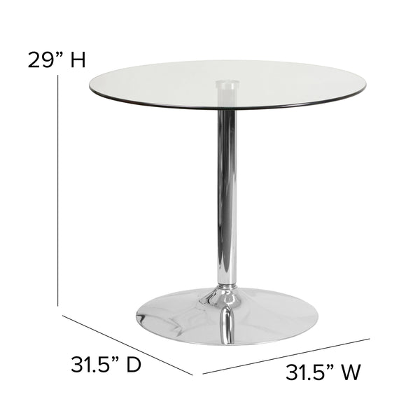 31.5inch Round Glass Table with 29inchH Chrome Base - Pedestal Table - Event Table