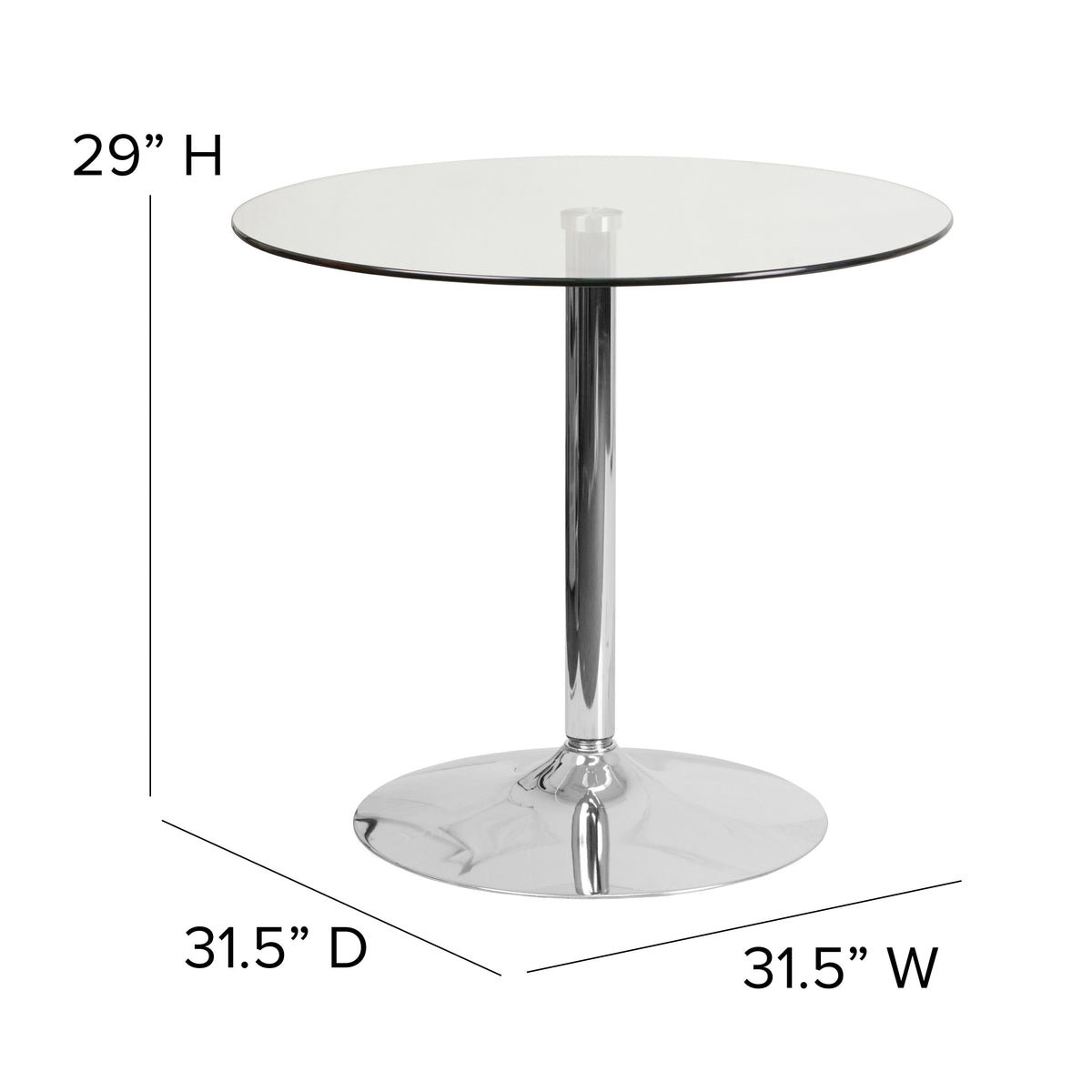 31.5inch Round Glass Table with 29inchH Chrome Base - Pedestal Table - Event Table