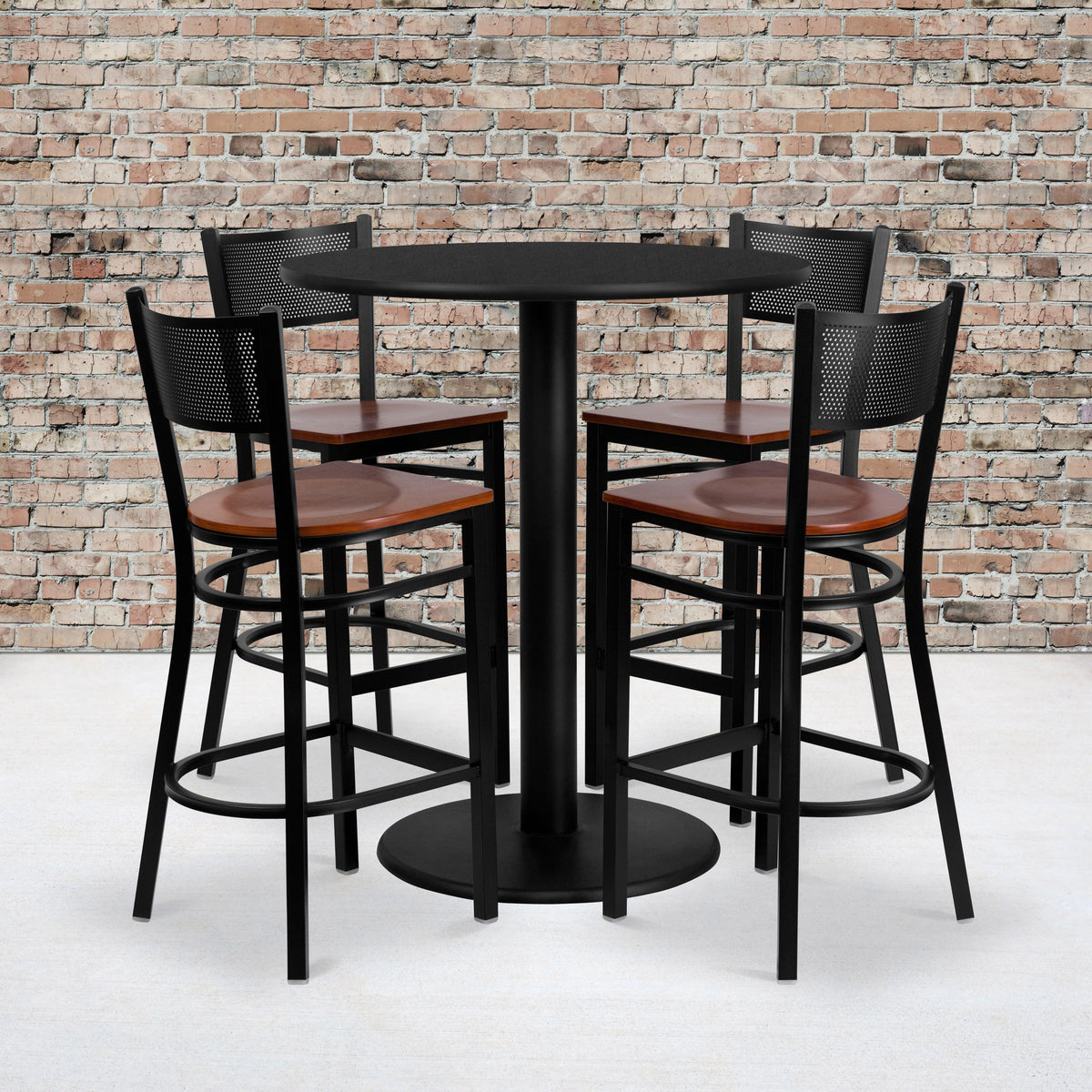 36inch Round Black Laminate Table Set with 4 Metal Barstools - Cherry Wood Seat