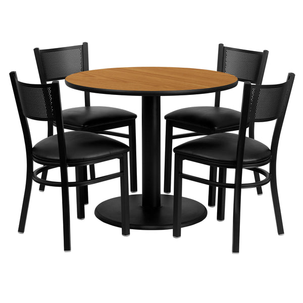 36inch Round Natural Laminate Table Set with 4 Metal Chairs - Black Vinyl Seat