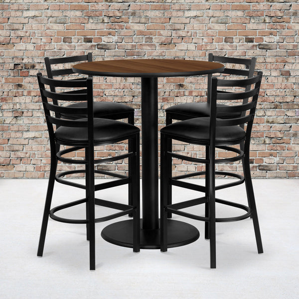 36inch Round Walnut Laminate Table Set with 4 Metal Barstools - Black Vinyl Seat