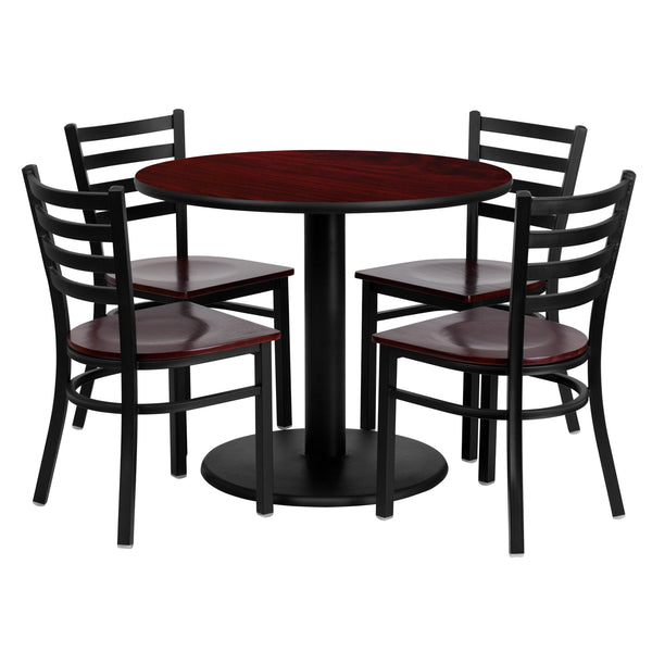 36inch Round Mahogany Laminate Table Set with 4 Metal Chairs - Mahogany Wood Seat