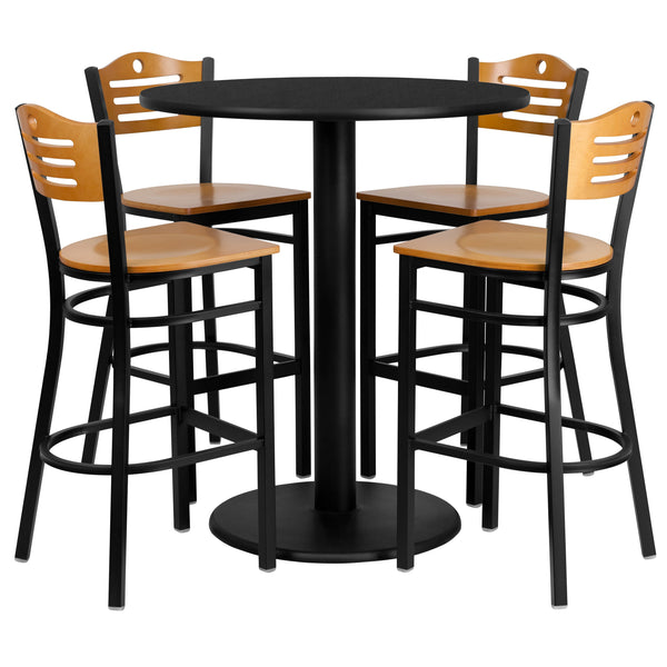 36inch Round Black Laminate Table Set with 4 Metal Barstools - Natural Wood Seat
