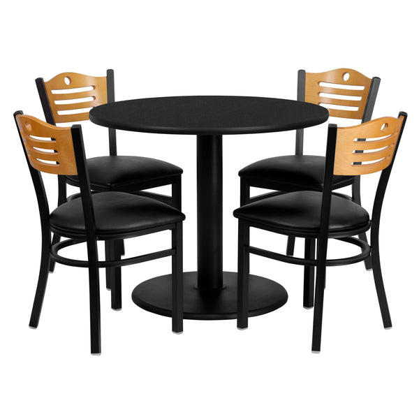 36inch Round Black Laminate Table Set with 4 Metal Chairs - Black Vinyl Seat